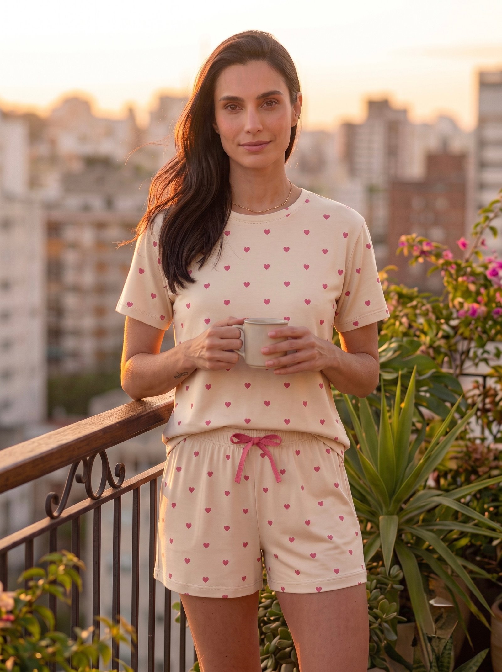 Pijama Curto Basico Maya Coracao Merengue Viscolycra